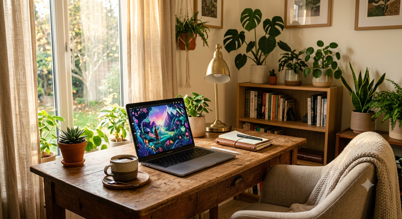 AI-generated photorealistic cozy home office with wooden desk, laptop showing colorful digital artwork, coffee cup, and plants in warm afternoon sunlight.
