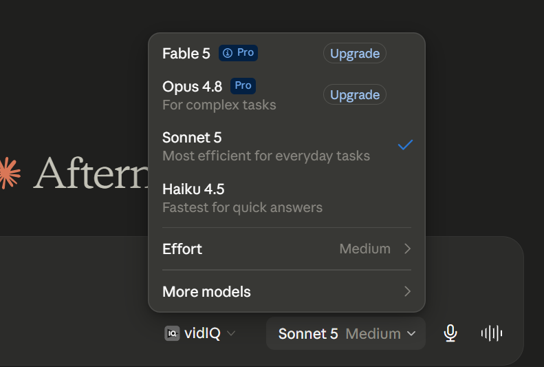 Claude AI model selector menu showing.