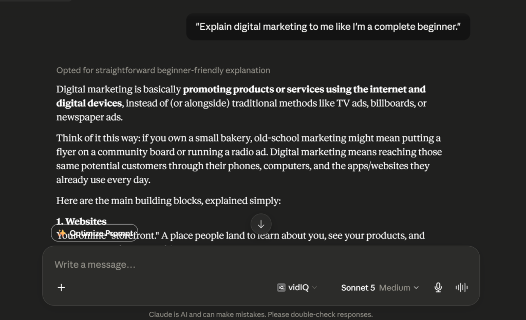 Claude AI giving a beginner-friendly explanation of digital marketing.