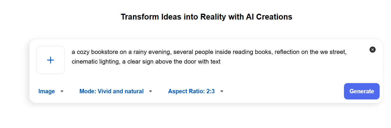 AI image generator interface showing a text prompt for a cozy bookstore scene with Vivid and Natural mode and 2:3 aspect ratio settings