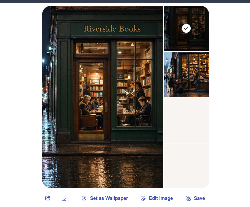 AI-generated image of Riverside Books, a cozy bookstore storefront on a rainy evening with warm lighting and people reading inside.