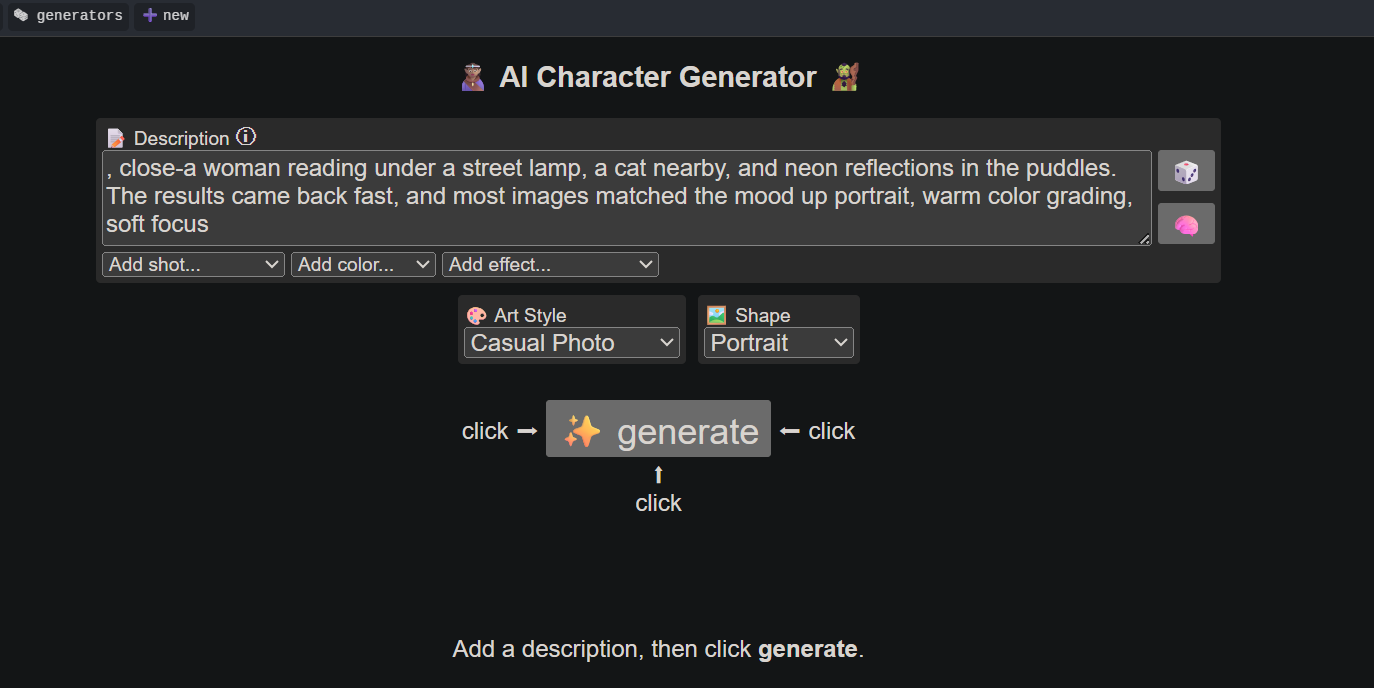 AI Character Generator interface showing a text prompt for a woman reading under a street lamp with Casual Photo art style and Portrait shape settings.
