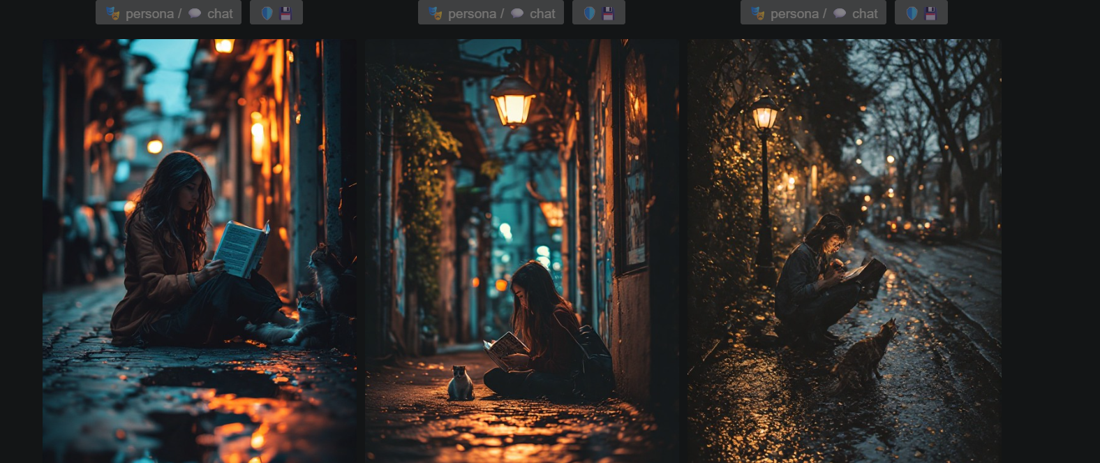 Three AI-generated cinematic street photos showing a person reading a book under a street lamp with a cat nearby, warm lighting and wet cobblestone pavement.