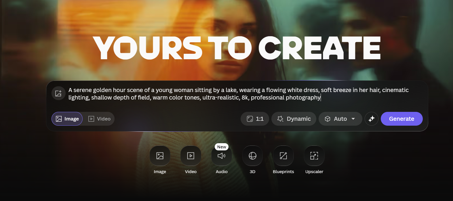 AI creation platform interface with 'Yours to Create' banner, showing a text prompt for a golden hour lake scene and options for Image, Video, Audio, 3D, Blueprints, and Upscale tools.
