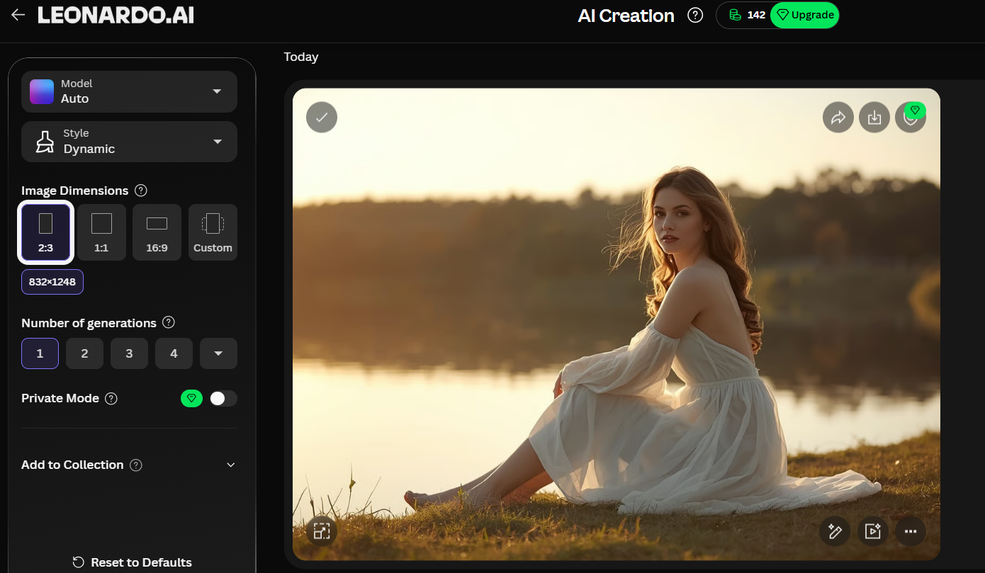 Leonardo.AI interface showing an AI-generated portrait of a woman in a white dress by a lake during golden hour, with 2:3 aspect ratio settings.