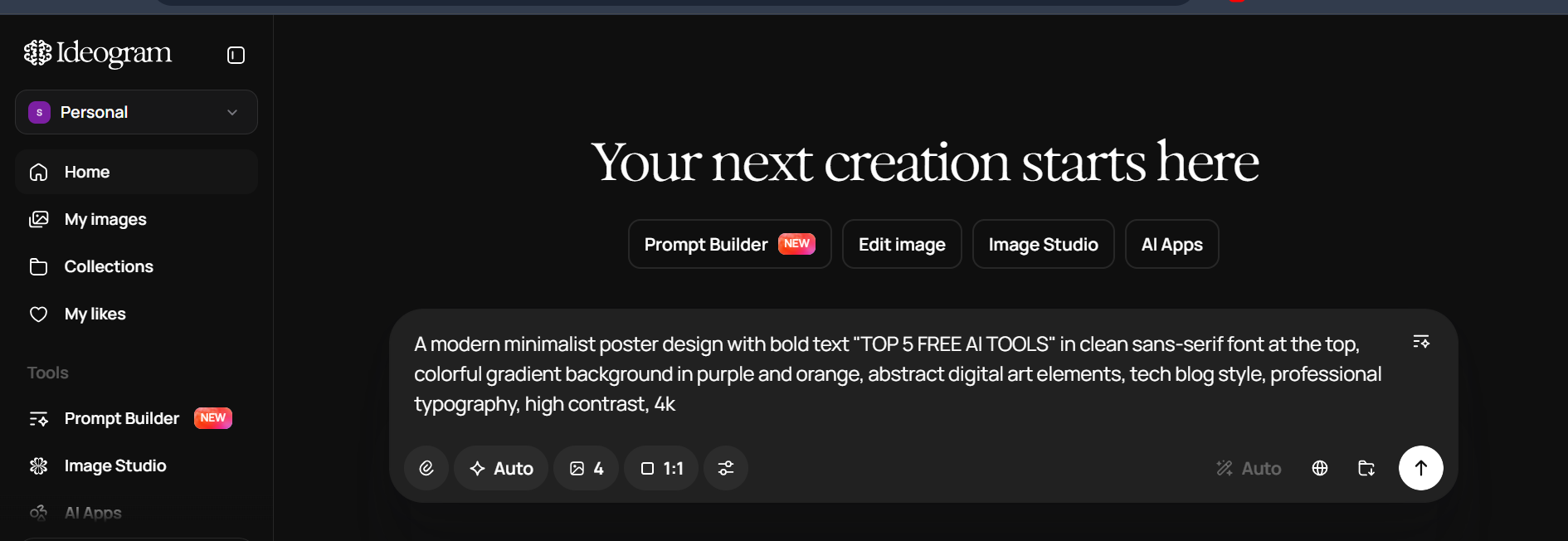 Ideogram AI interface showing a text prompt for a 'Top 5 Free AI Tools' poster design with purple and orange gradient background, 1:1 aspect ratio.