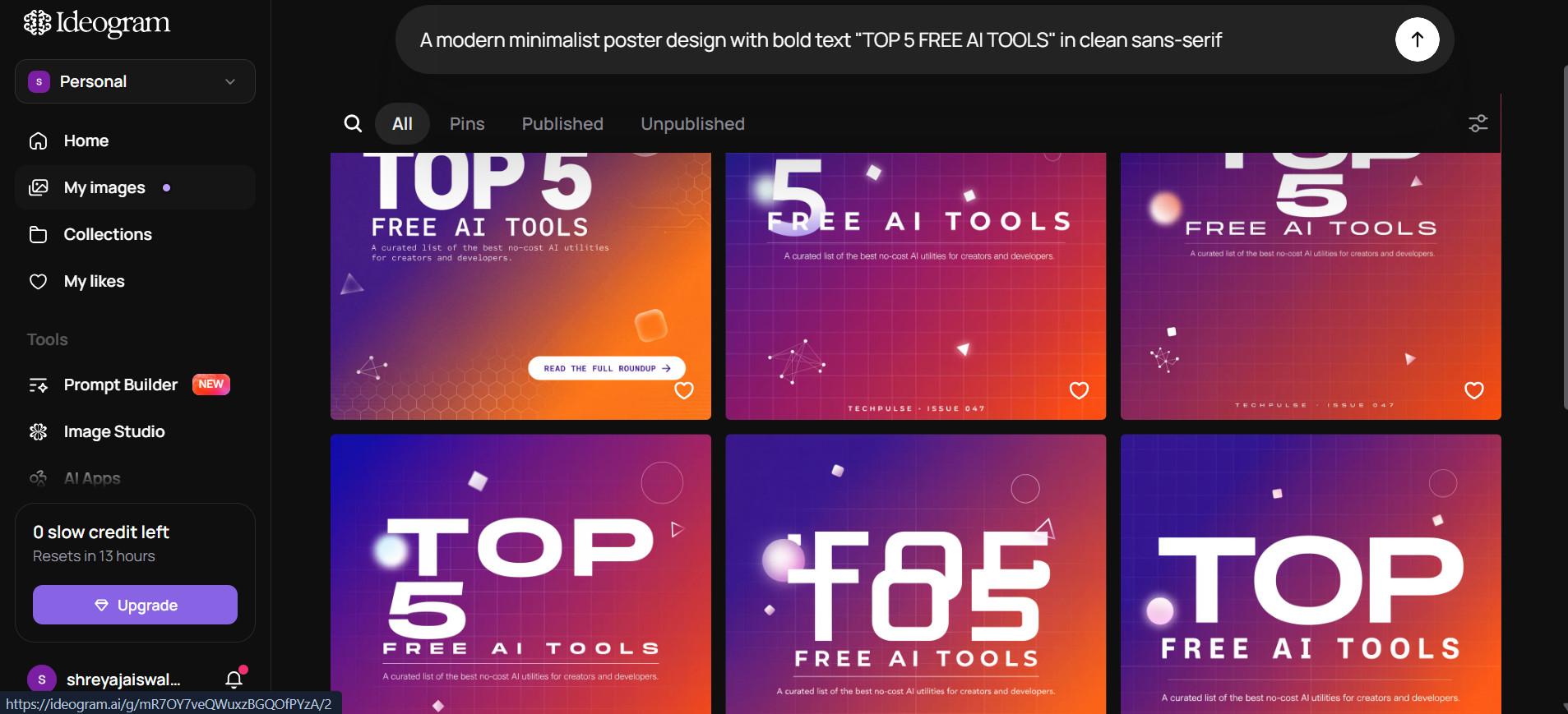 Grid of six AI-generated poster designs from Ideogram AI showing 'Top 5 Free AI Tools' text with purple, pink, and orange gradient backgrounds.
