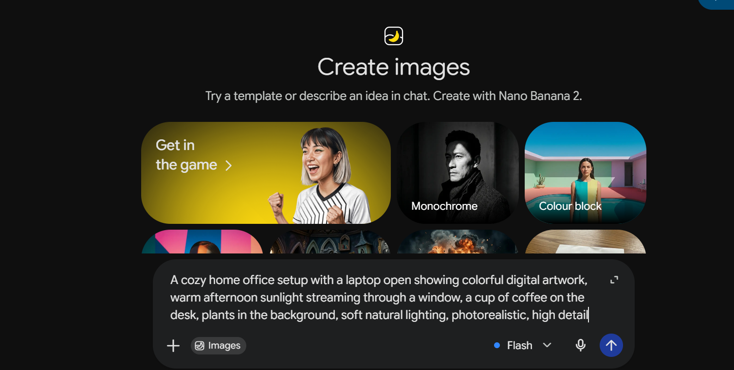 Google Gemini Create Images interface powered by Nano Banana 2, showing style templates and a text prompt for a cozy home office scene.