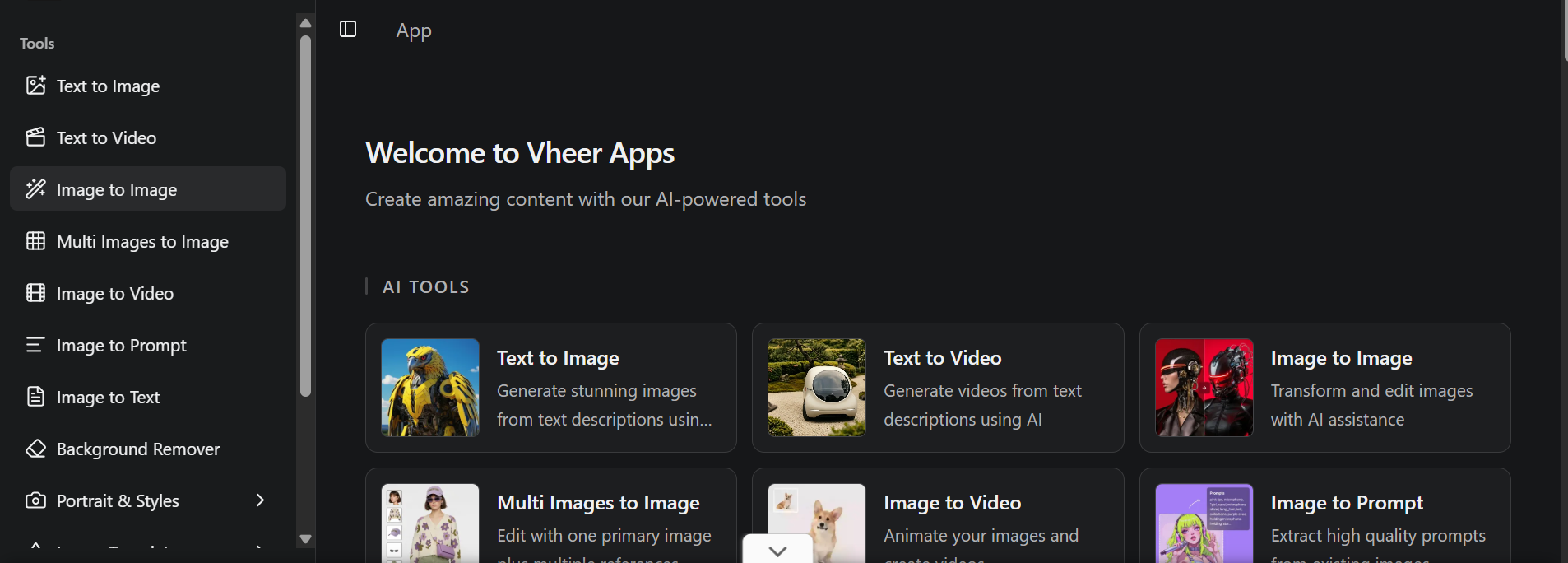 Vheer Apps dashboard showing AI tools including Text to Image, Text to Video, Image to Image, Multi Images to Image, and Background Remover.